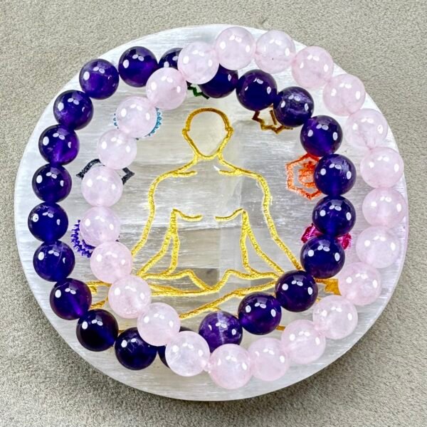 Harmony and Healing: Amethyst and Rose Quartz Bracelet Bundle with Selenite Plate for Charging