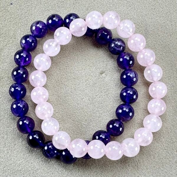 Harmony and Healing: Amethyst and Rose Quartz Bracelet Bundle with Selenite Plate for Charging