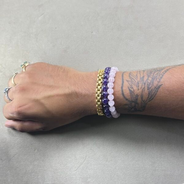 Harmony and Healing: Amethyst and Rose Quartz Bracelet Bundle with Selenite Plate for Charging