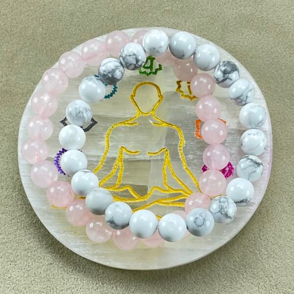 IMG_5184 Serene Hearts Bundle (For Love and Peace): Howlite and Rose Quartz Bracelet Bundle with Selenite Plate for Charging