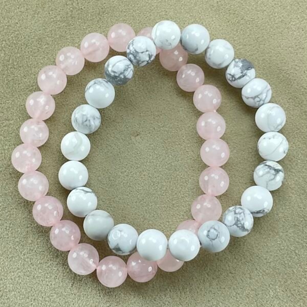 Serene Hearts Bundle (For Love and Peace): Howlite and Rose Quartz Bracelet Bundle with Selenite Plate for Charging