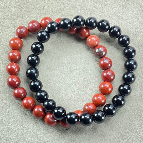 Strength and Protection: Red Jasper and Black Tourmaline Bracelet Bundle with Selenite Plate for Charging