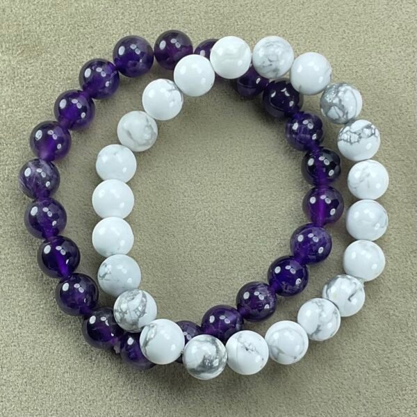 Peace and Clarity: Amethyst and Howlite Bracelet Bundle with Selenite Plate for Charging