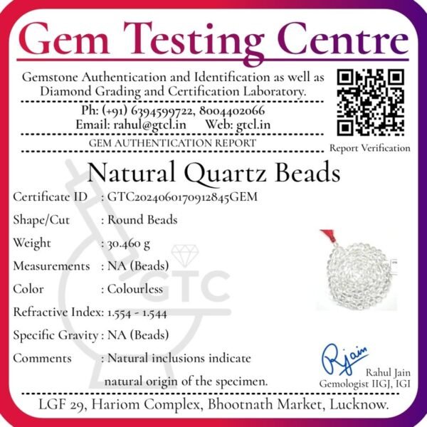 Clear Quartz/Sphatik Mala 108+1 Beads 6 mm Fine Quality (Laboratory Certified)